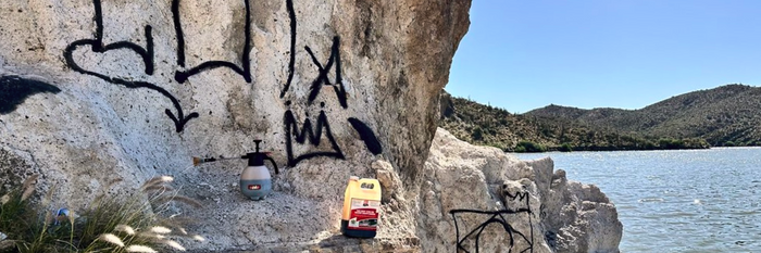 Removing Graffiti from Boulder near River with World's Best Bare Brick Stone and Masonry Graffiti Remover