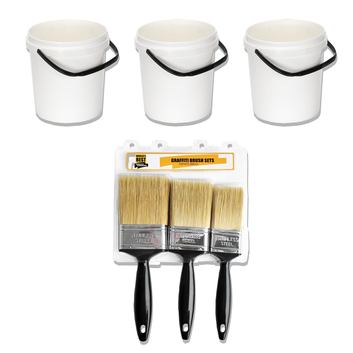 3 half-gallon buckets and a set of graffiti removal brushes