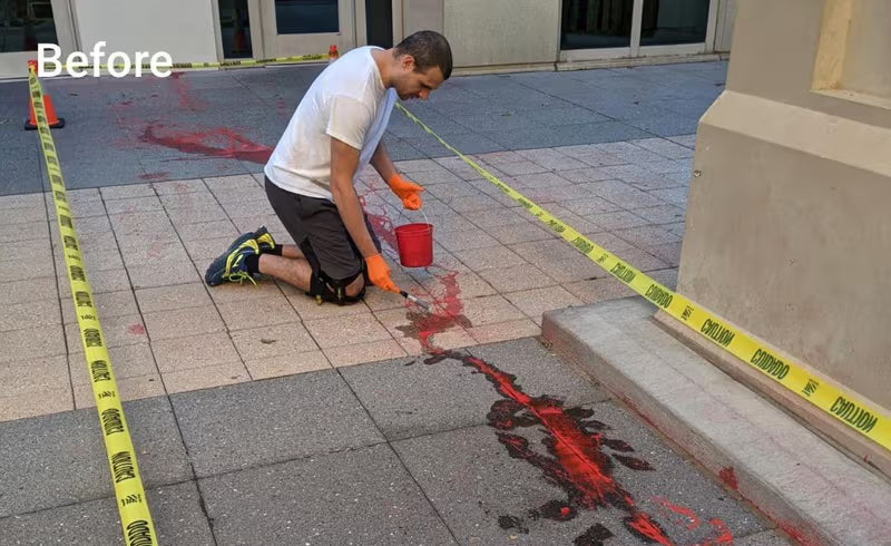 The perfect removal of spilled red paint by Pine State Power Washing.