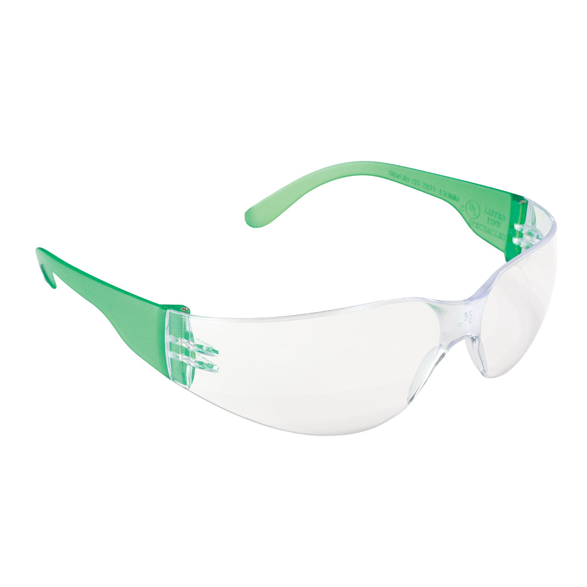 Clear safety glasses with translucent green temple arms, shown on a plain white background.