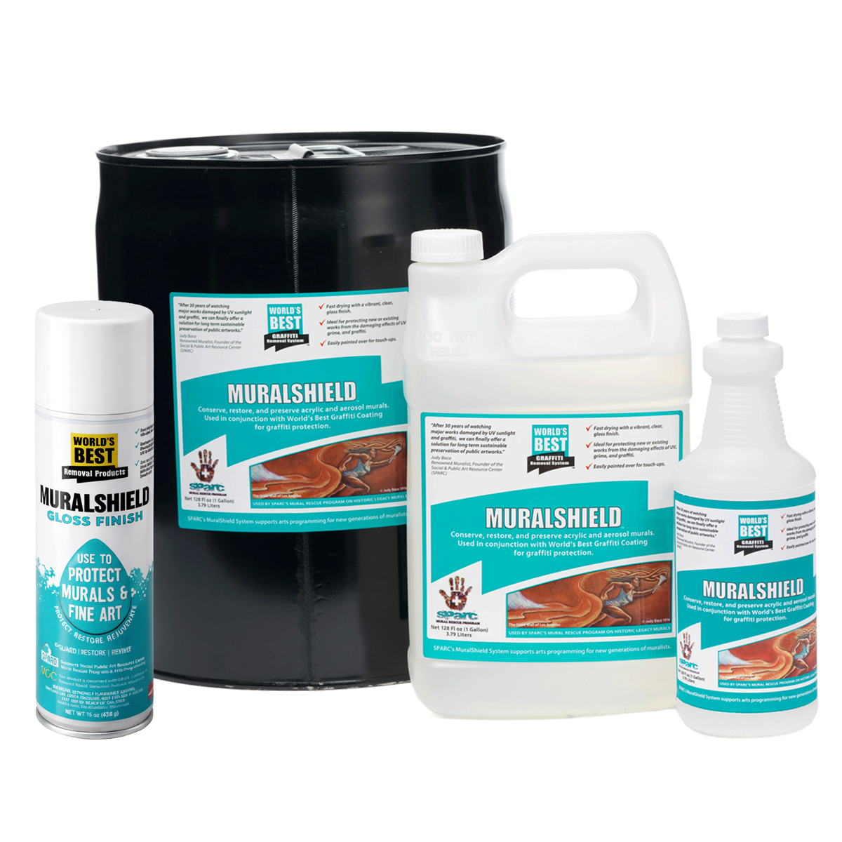 Collection of Muralshield products including a can, bottles, and a large container on a white background.