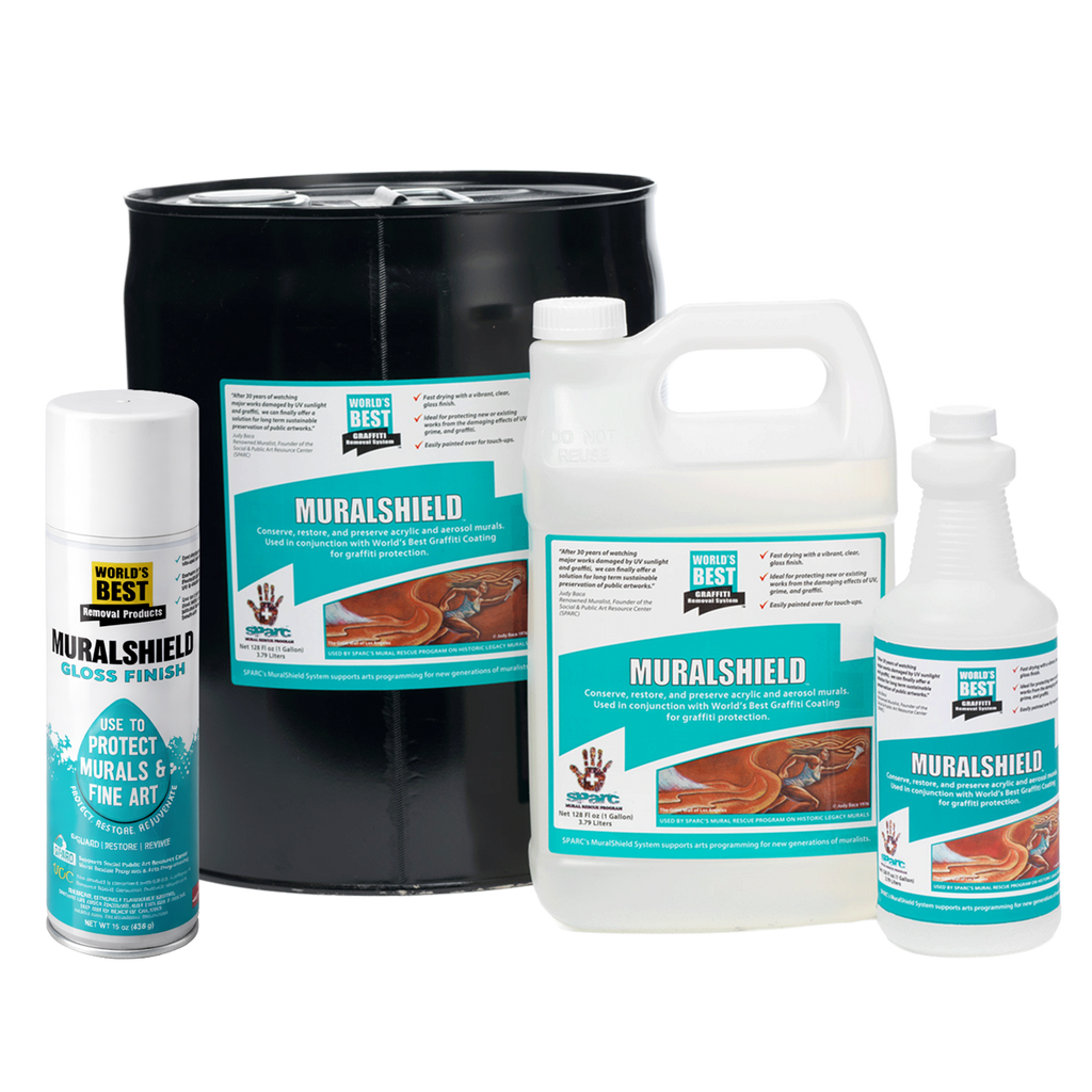 Collection of Muralshield products including a can, bottles, and a large container on a white background.