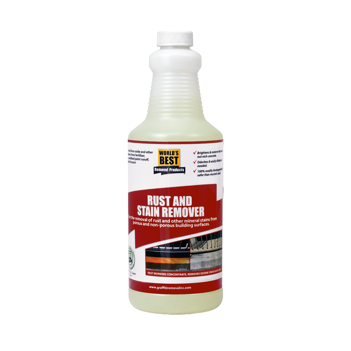 A bottle of World's Best Rust and Stain Remover, featuring a white plastic bottle with a ribbed neck and a white cap, containing a pale yellowish liquid. The label is white with a bold red banner and black text.