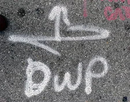 White spray-painted utility markings on asphalt.